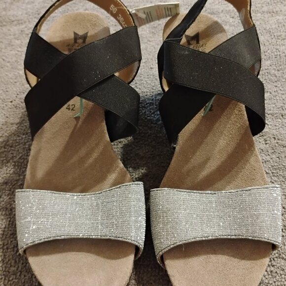 Brand New Mephisto "Barbara" Suede Black w/Silver Strap Cork Wedge - Size 11 - Picture 1 of 4